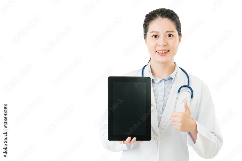 beauty asian doctor using digital tablet pad thumbs up