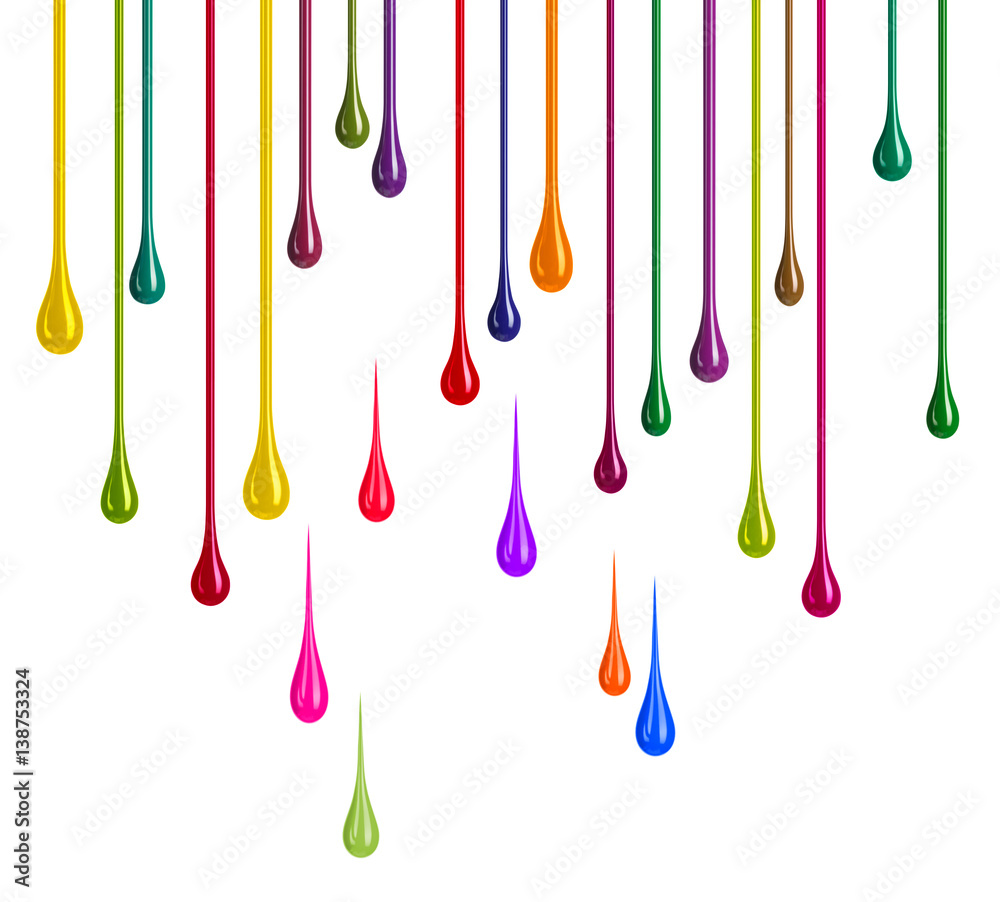 Streaks of multi-colored nail polish or paint in the form of drops on white