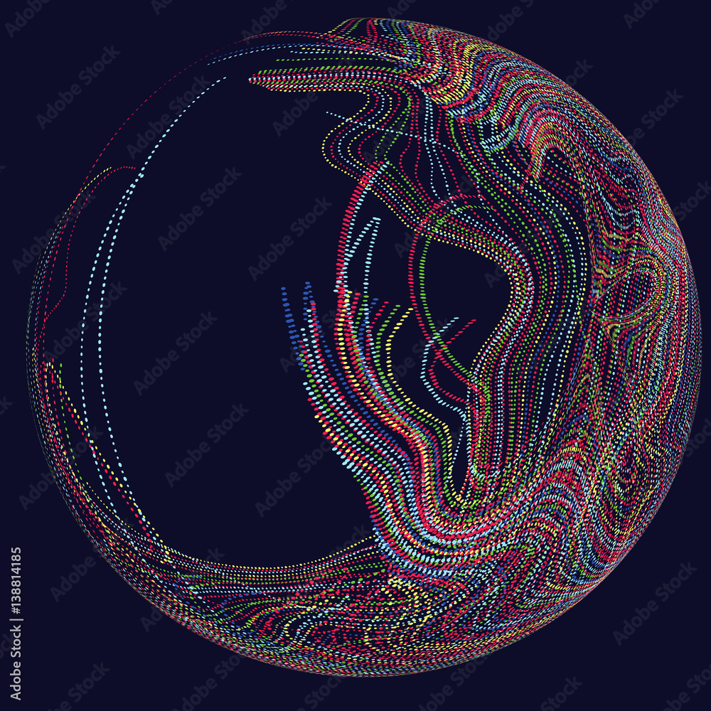 Three-dimensional sphere composed of multicolored curves, abstract graphics.