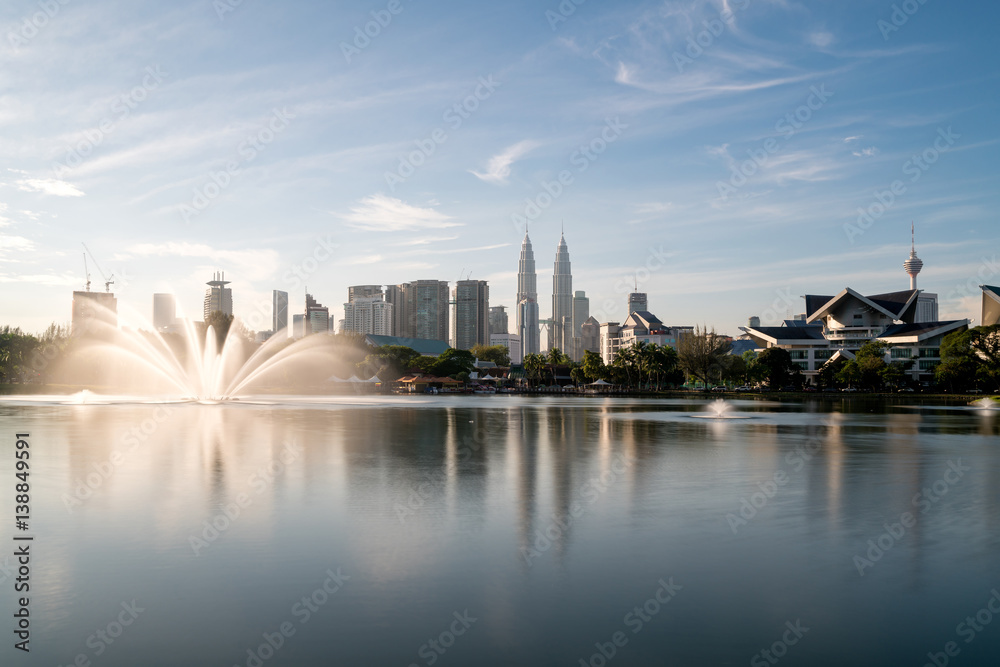 Kuala Lumpur skyline and fountation at Titiwangsa Park in Kuala Lumpur. Malaysia.