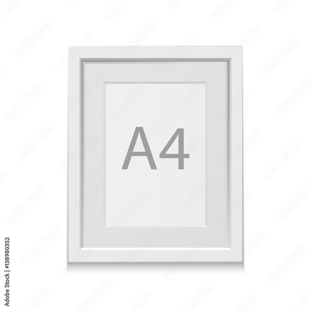 Realistic vector white picture frame for A4 format, isolated on white