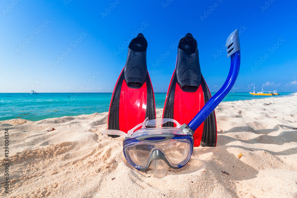 热带海滩上的浮潜面具和鳍
