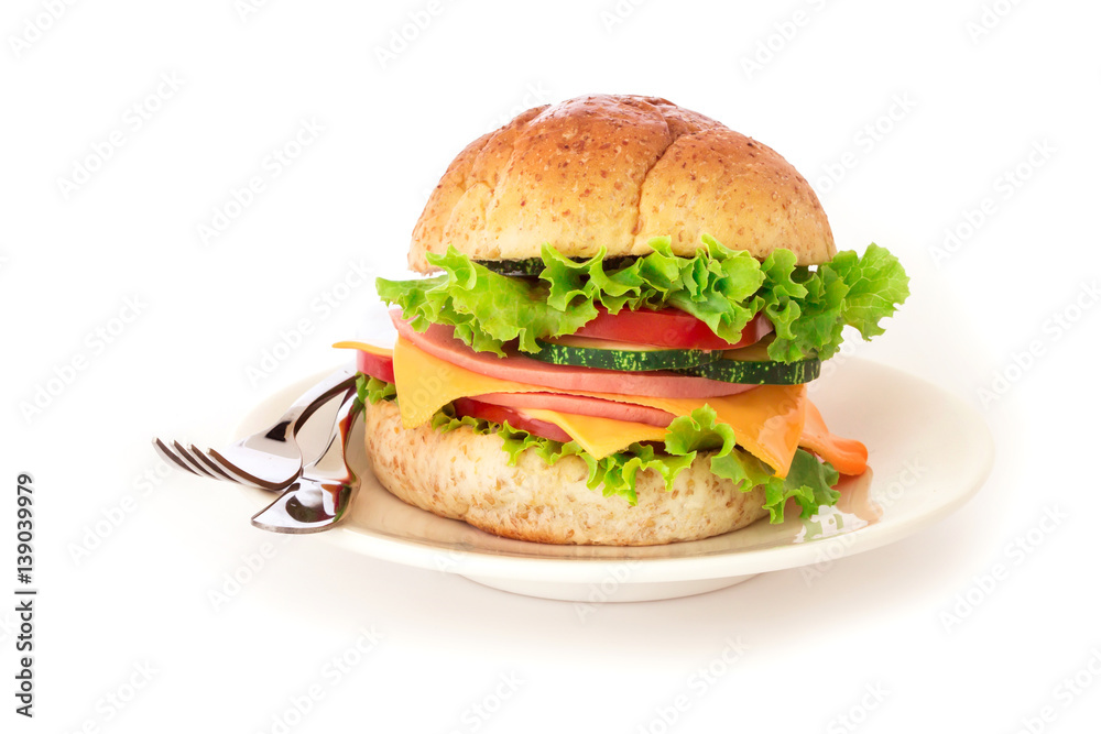 burger sandwiches bread with bacon , ham and cheese with vegetable , healthy breakfast on white back