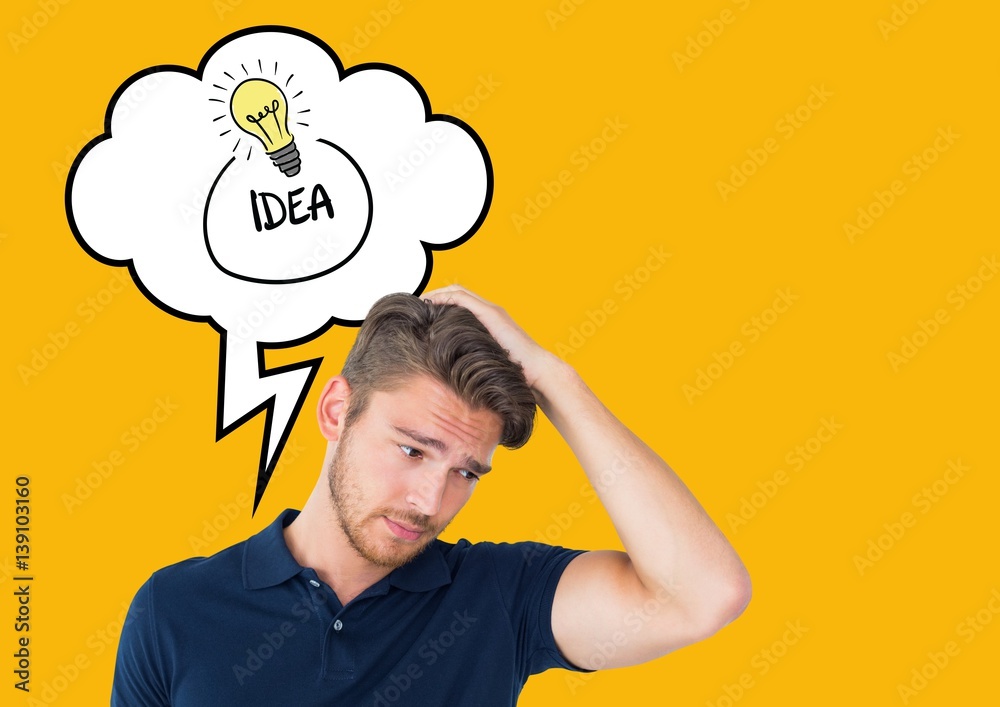 Confused man with thought bubble of idea text and light bulb