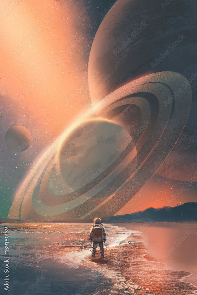 the astronaut standing on the beach looking at planets in the sky,illustration painting