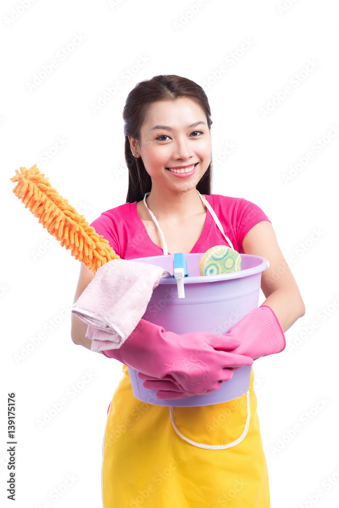 Woman doing housekeeping stuff at home isolated on white background