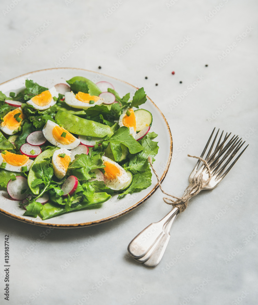 Healthy spring green salad with radish, boiled egg, arugula, green pea and mint in white plate over 