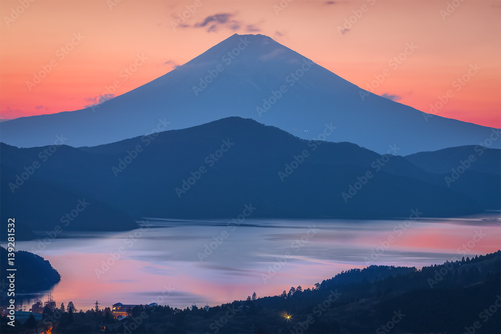 Mt.Fuji and Lake Ashi with beautiful evening sky in spring season. the lake with Mount Fuji in the b