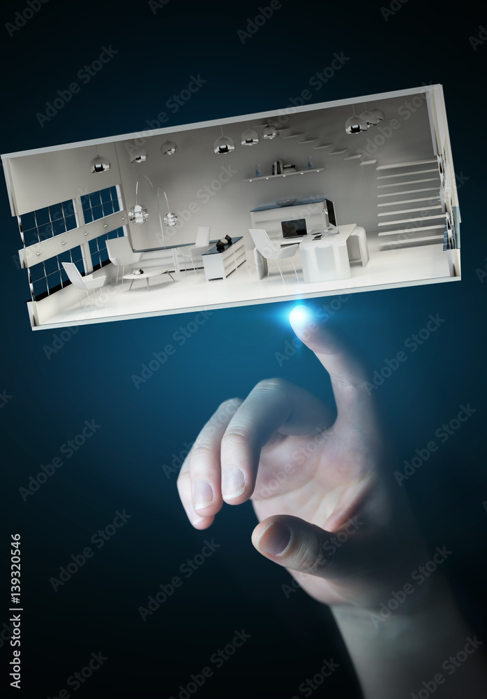 Businesswoman touching white 3D rendering apartment