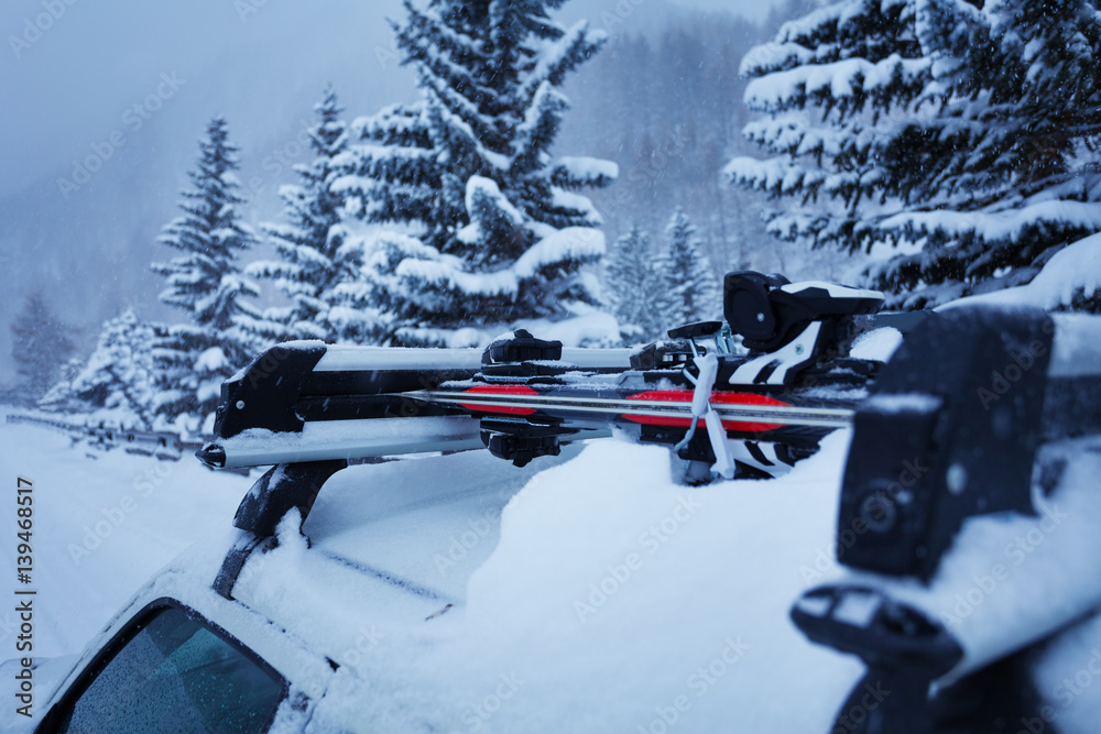 在冬季森林的车顶轨道上安装滑雪板的汽车