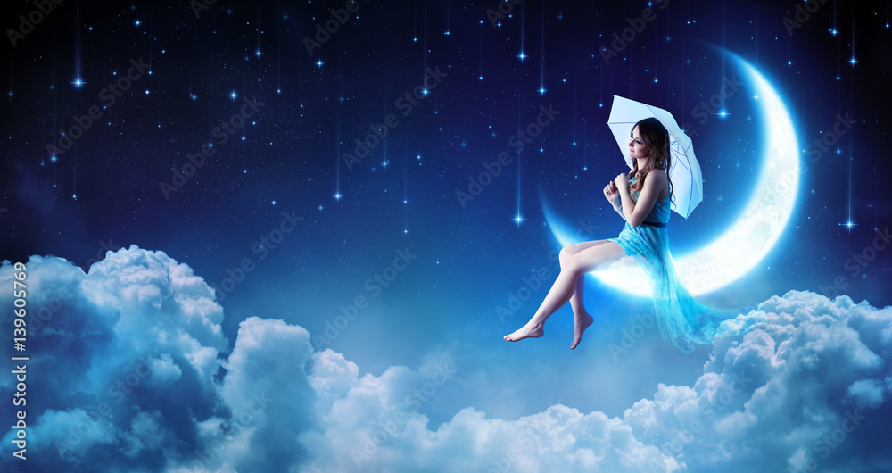 梦幻之夜的梦想-时尚女孩坐在月球上