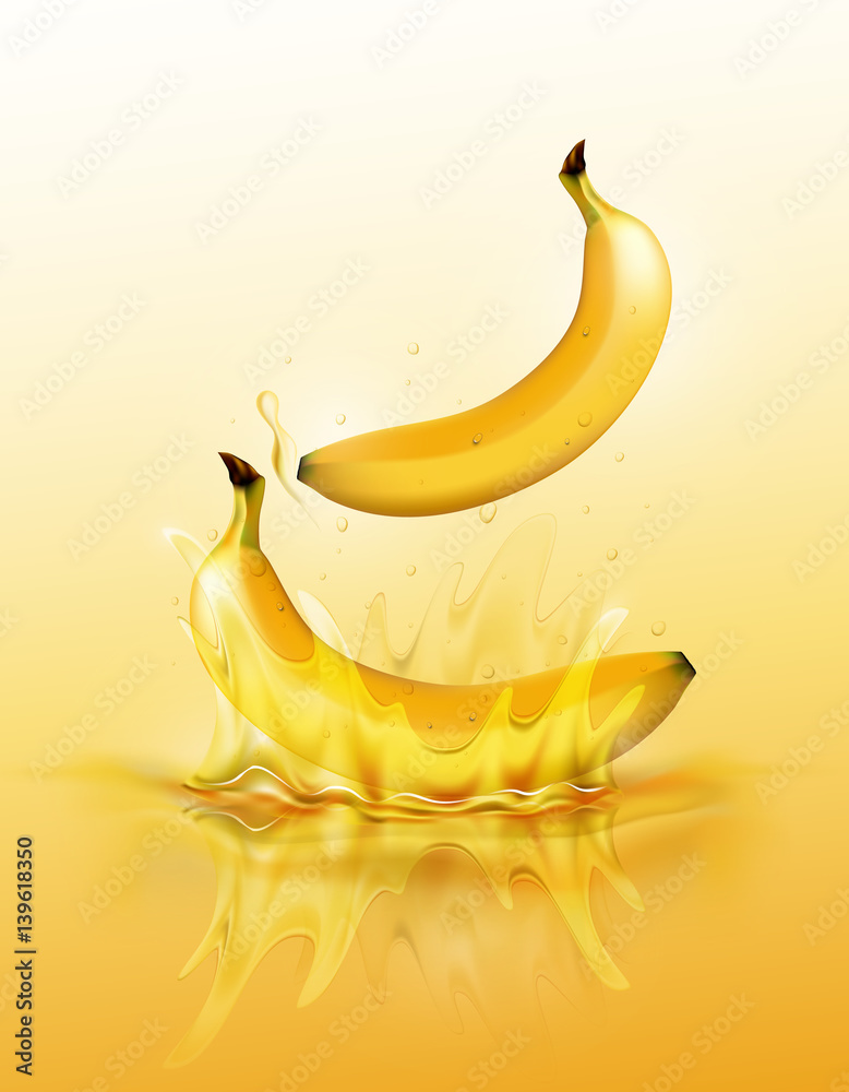 成熟的香蕉滴在果汁上飞溅和波纹，逼真的水果和酸奶，透明，矢量插图