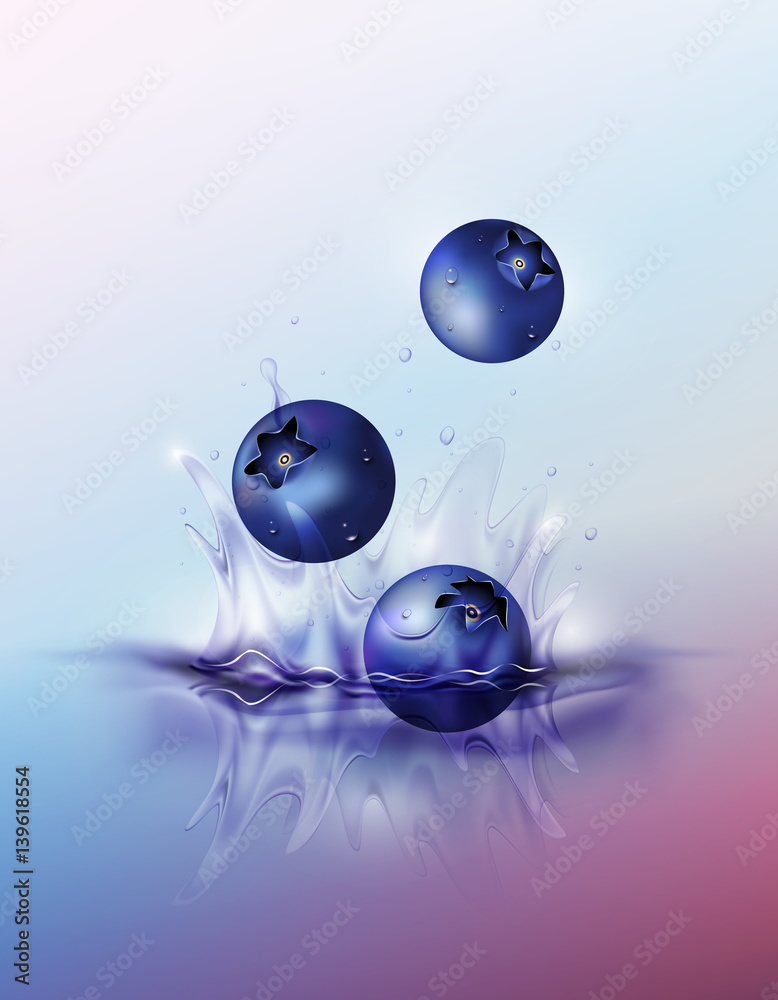 blueberry drop on juice splash and ripple, Realistic Fruit and yogurt, transparent, vector illustrat