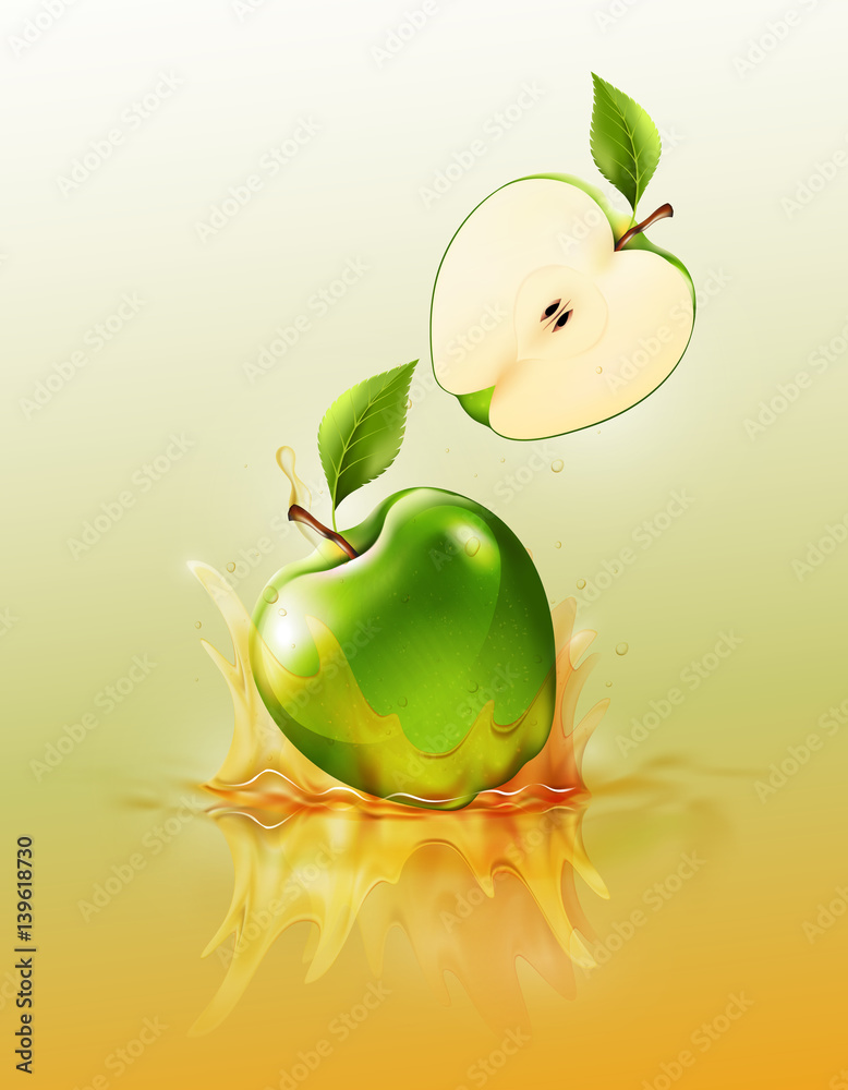 绿色苹果滴在果汁上飞溅和波纹，逼真的水果和酸奶，透明，矢量插图