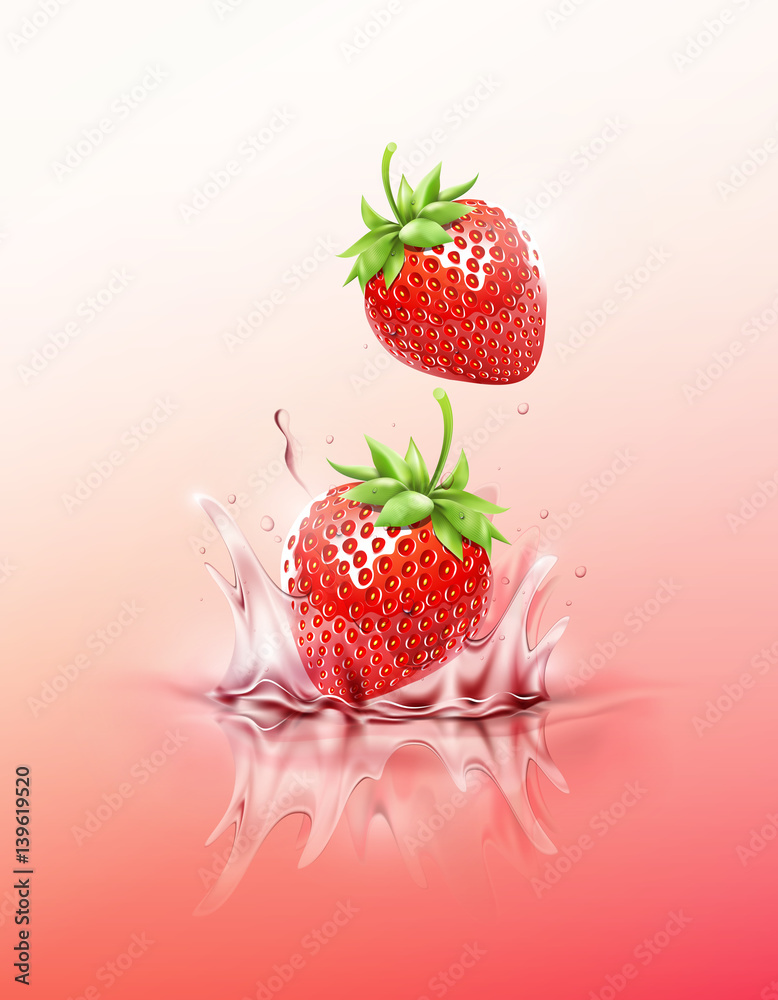 Strawberry drop on juice splash and ripple, Realistic Fruit and yogurt, transparent, vector illustra