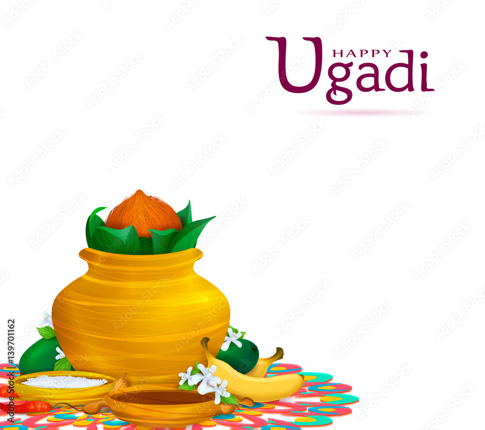 Happy Ugadi, holiday set, template, greeting card,.. Gold pot, coconut, flowers of Neem tree,mangoes