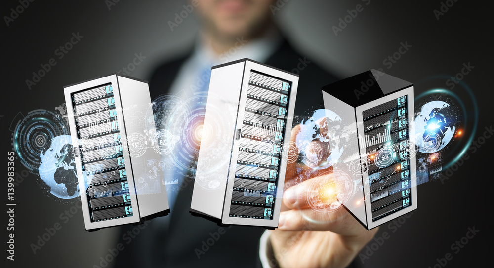 Businessman connecting servers room data center 3D rendering