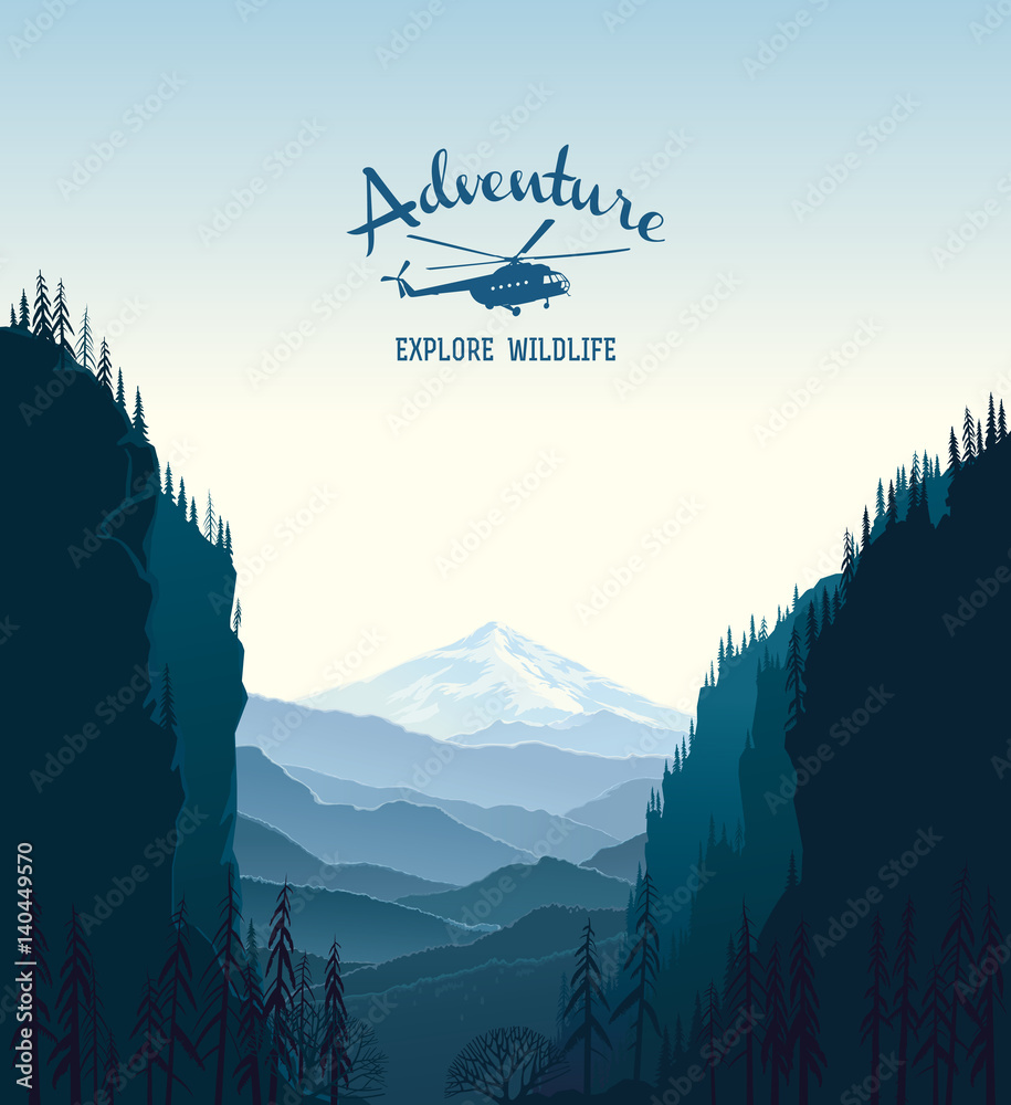 Mountain landscape and design element with silhouette helicopter.