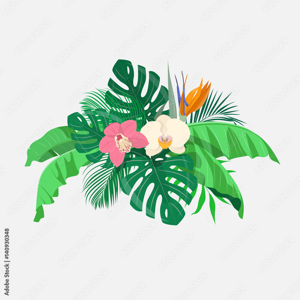 热带树叶和奇异花朵的组成