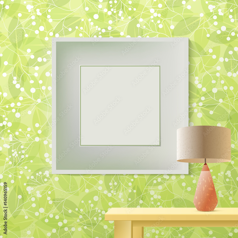 绿叶弹簧印花壁纸，墙上有空框作为复制空间，内部优雅清新r