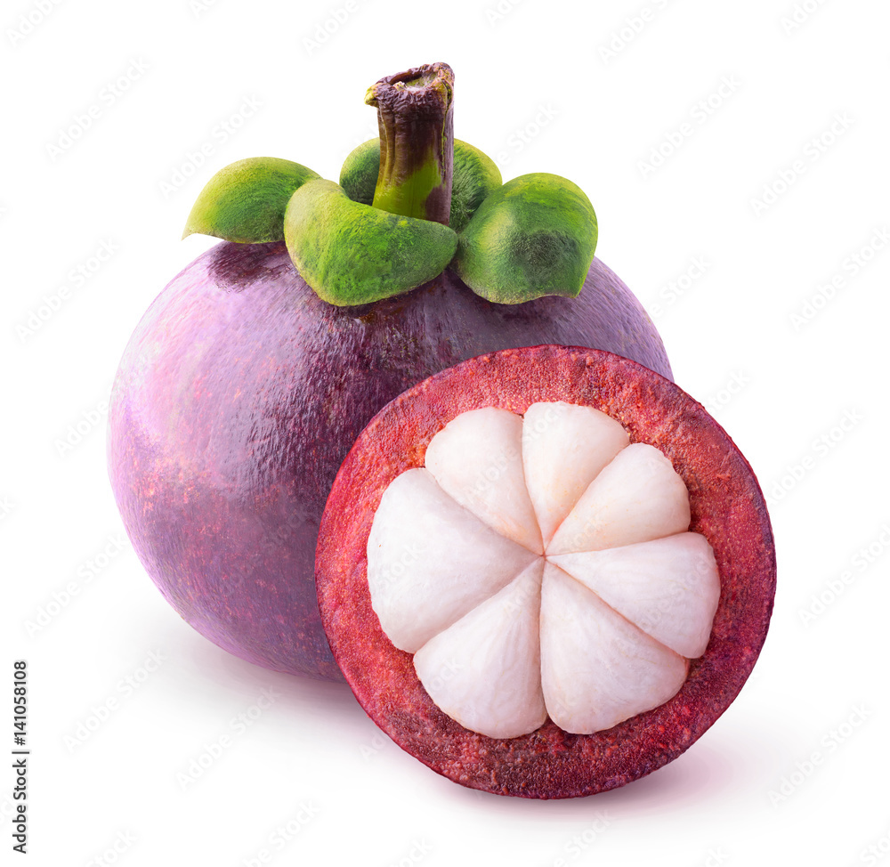Isolated tropical fruits. One whole mangosteen and another cut in half isolated on white with clippi