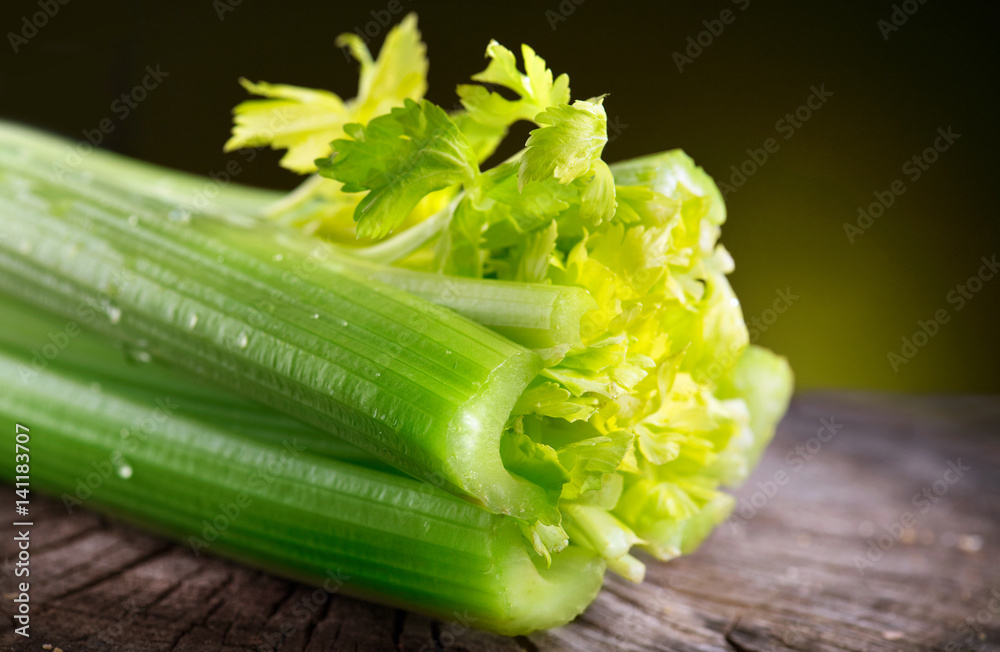 黑色背景下的芹菜特写。新鲜有机绿色芹菜的叶子和茎