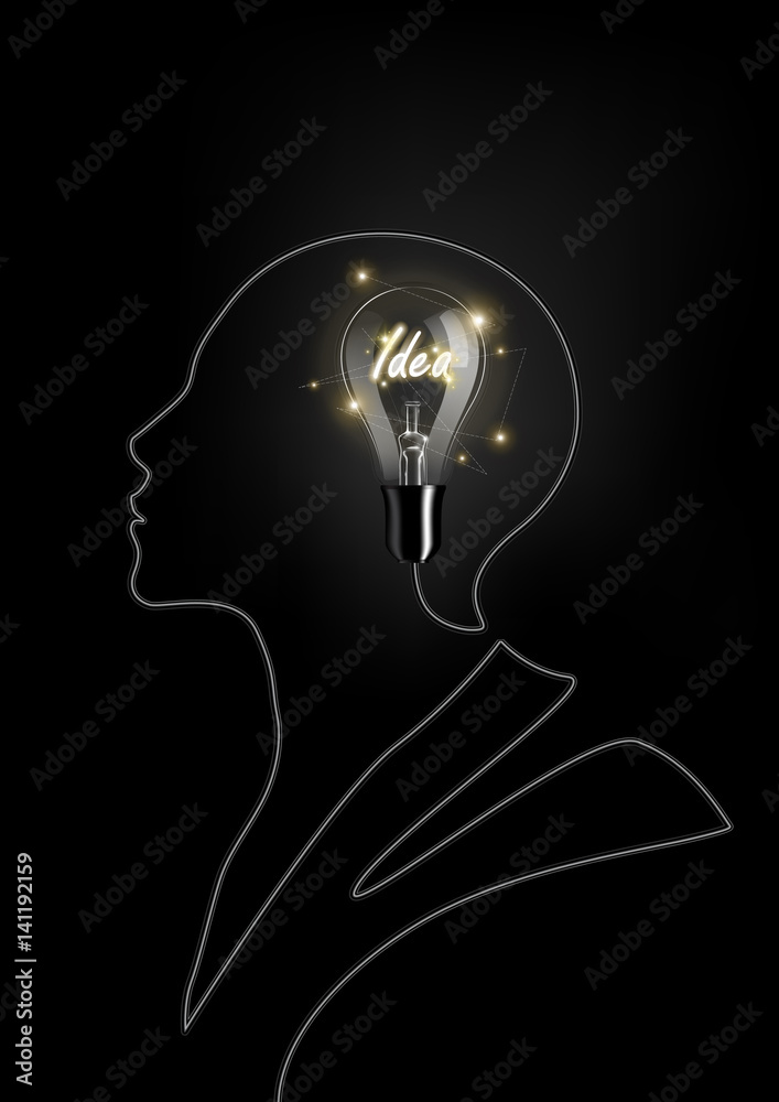 Glow idea text in light bulb and cable wire in form of human head with creative idea concept, transp