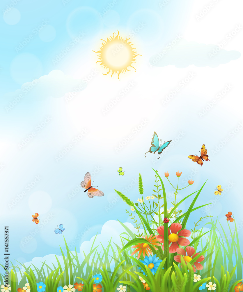 夏季矢量背景，花朵、绿草、蝴蝶和阳光