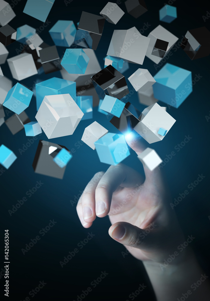 女商人触摸漂浮的蓝色闪亮立方体网络3D渲染