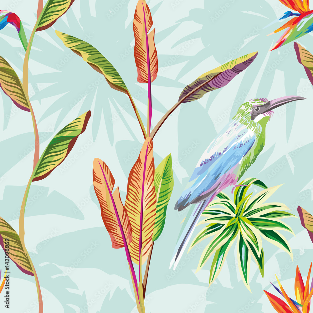 热带树叶花朵和鸟类绿色薄荷背景的无缝组合