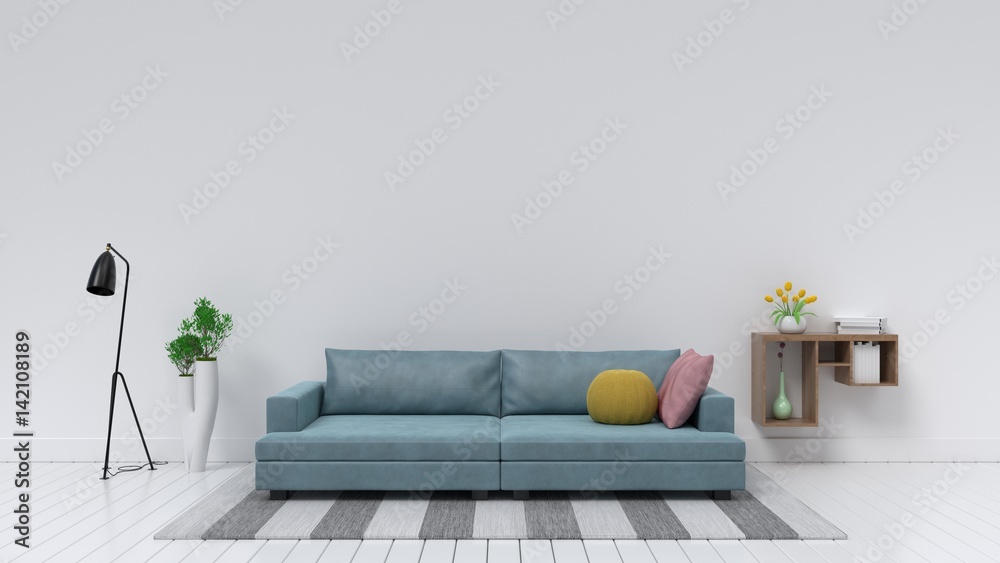 Living room with sofa pillows, Interior, lamps, vases and books on white background, 3D rendering