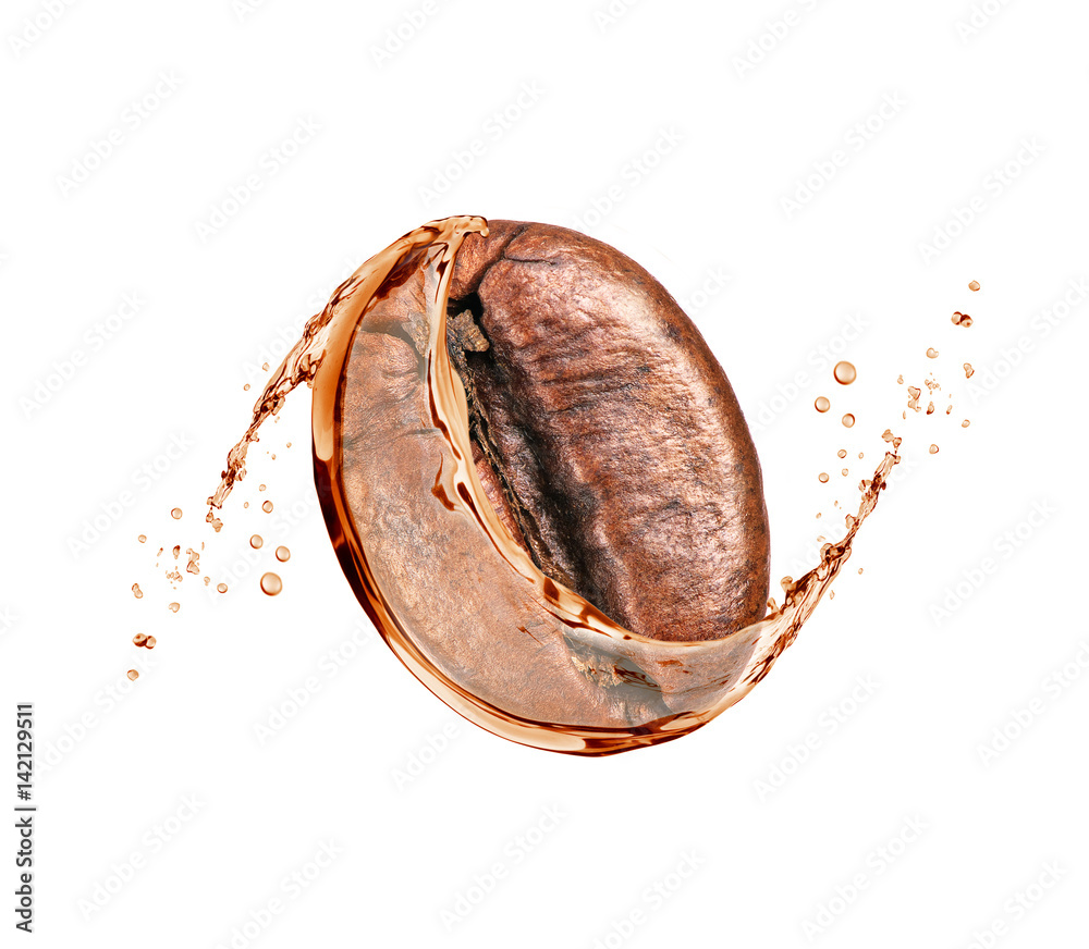 咖啡豆，咖啡飞溅物隔离在白色背景上