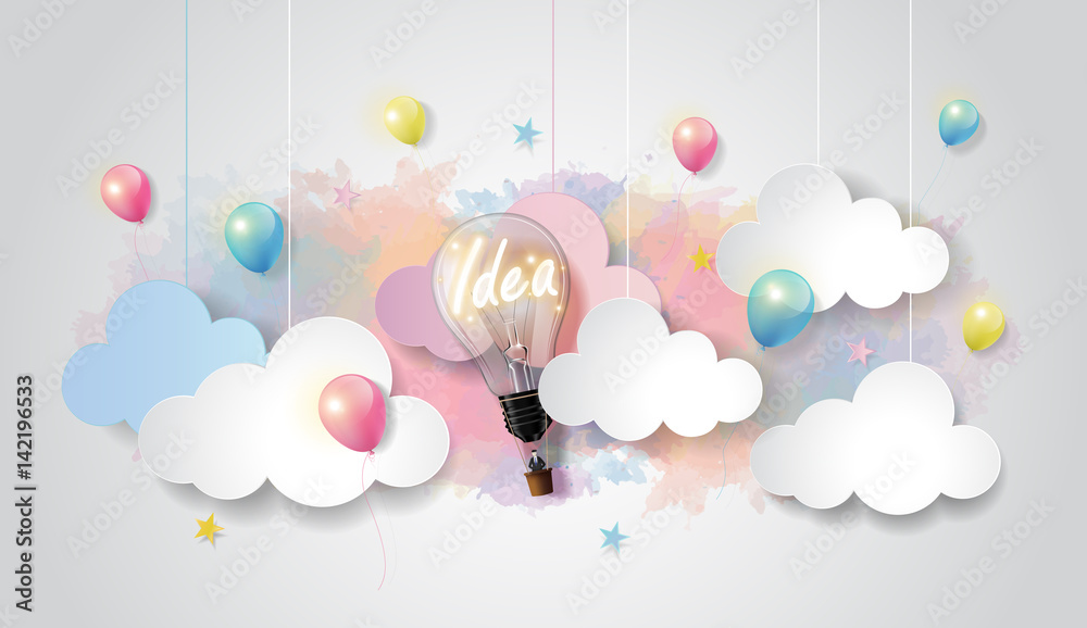 Light bulb balloon on colorful watercolor sky and cloud background, Business startup concept, paper 