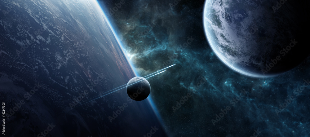 美国国家航空航天局提供的这张图像的3D渲染元素，来自遥远行星系统的日出