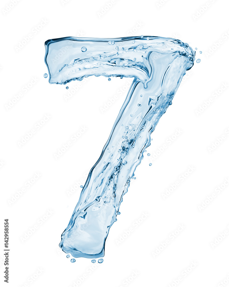 Number 7 made with a splashes of water isolated on white background