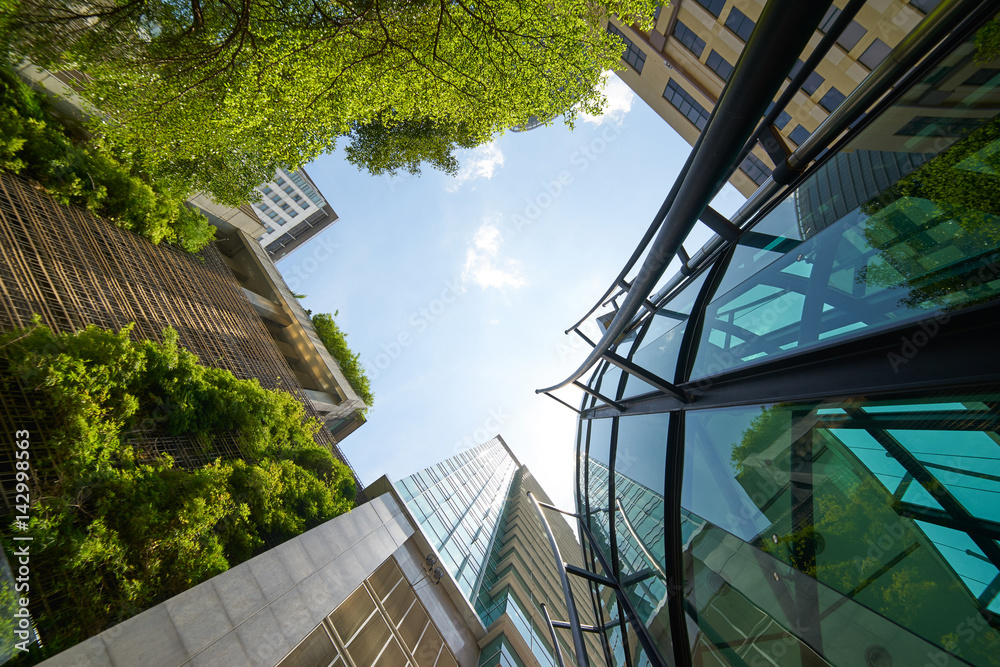现代玻璃建筑和绿色的低角度拍摄，背景是晴朗的天空。