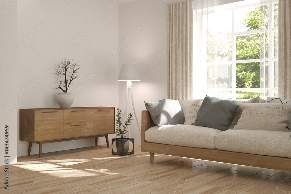 白色房间，带沙发，窗户有绿色景观。斯堪的纳维亚室内设计。3D插图
