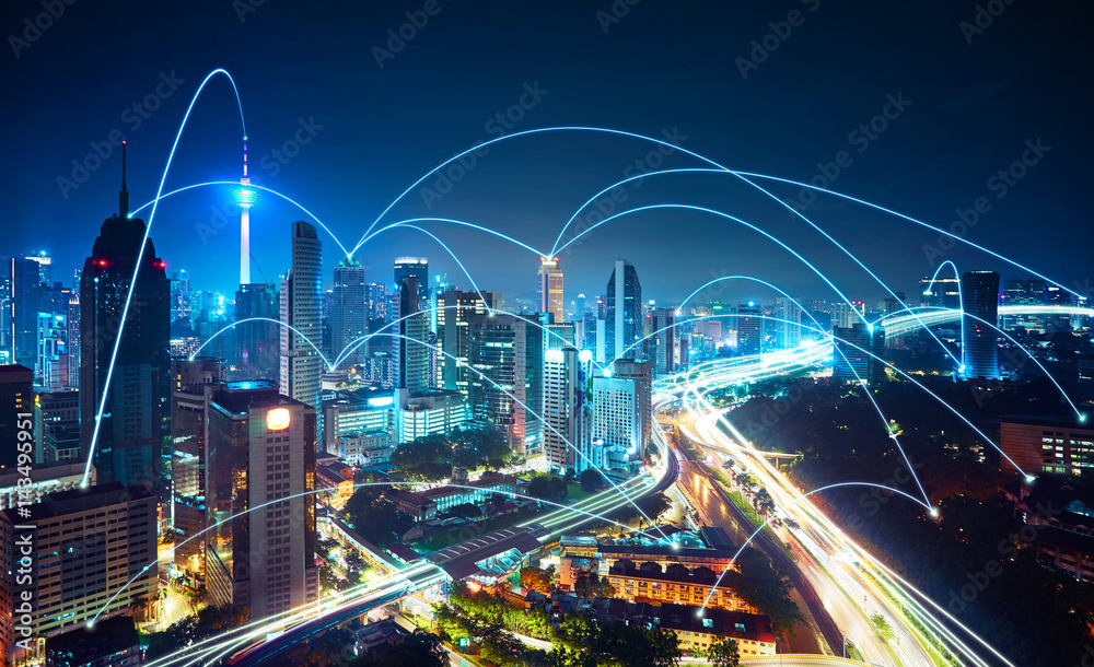 现代城市景观和网络连接概念。