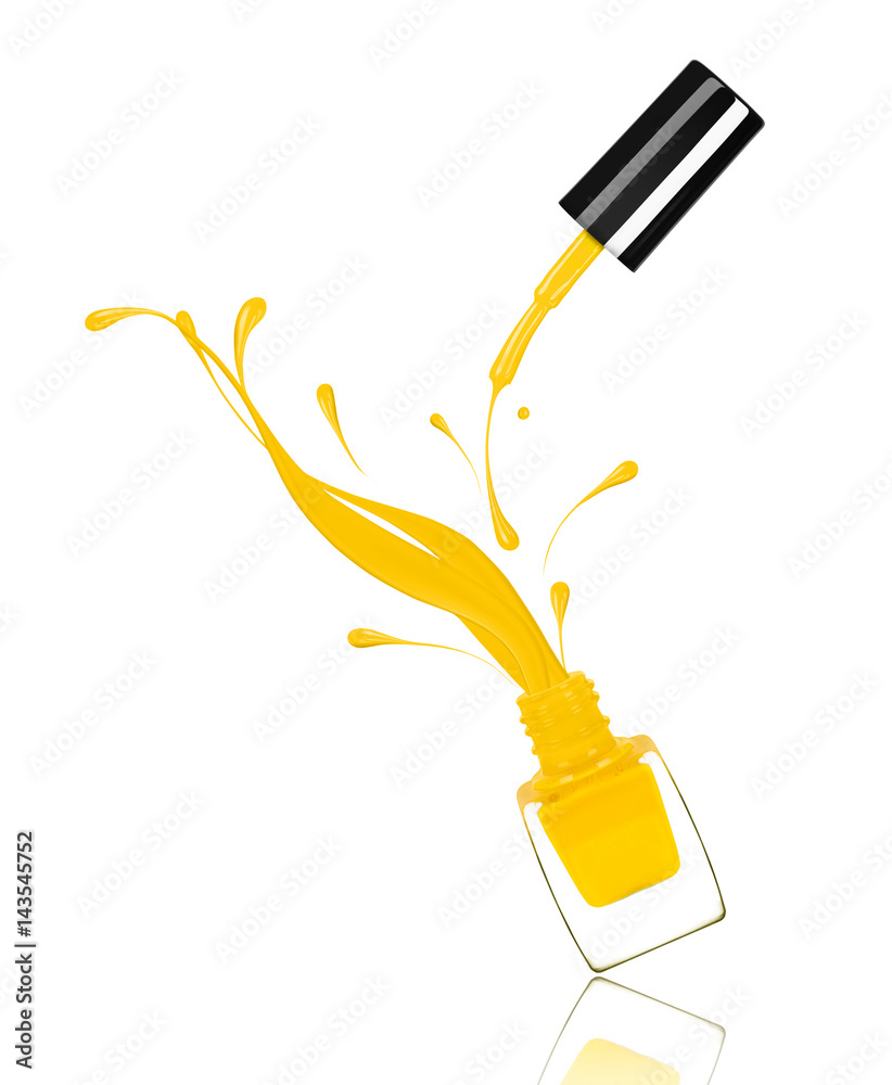 Splashes of yellow nail polish froze in motion on white background
