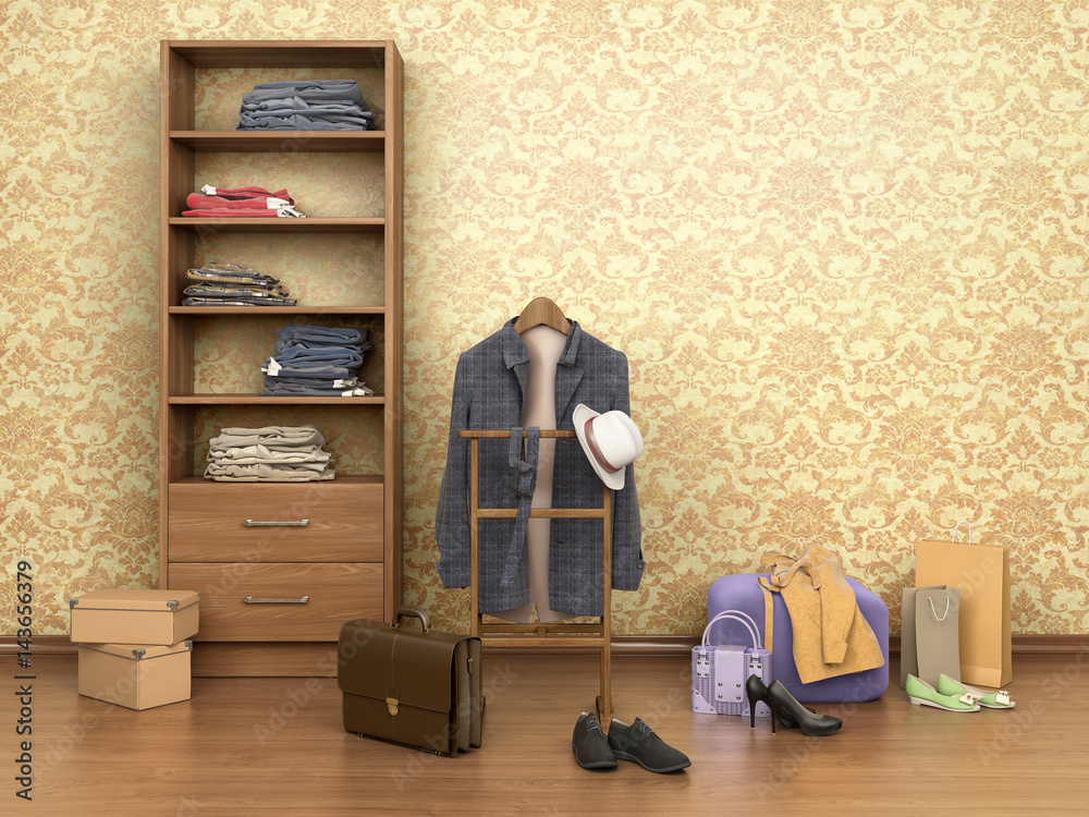 房间里有衣服、橱柜、盒子和鞋子，3d插图