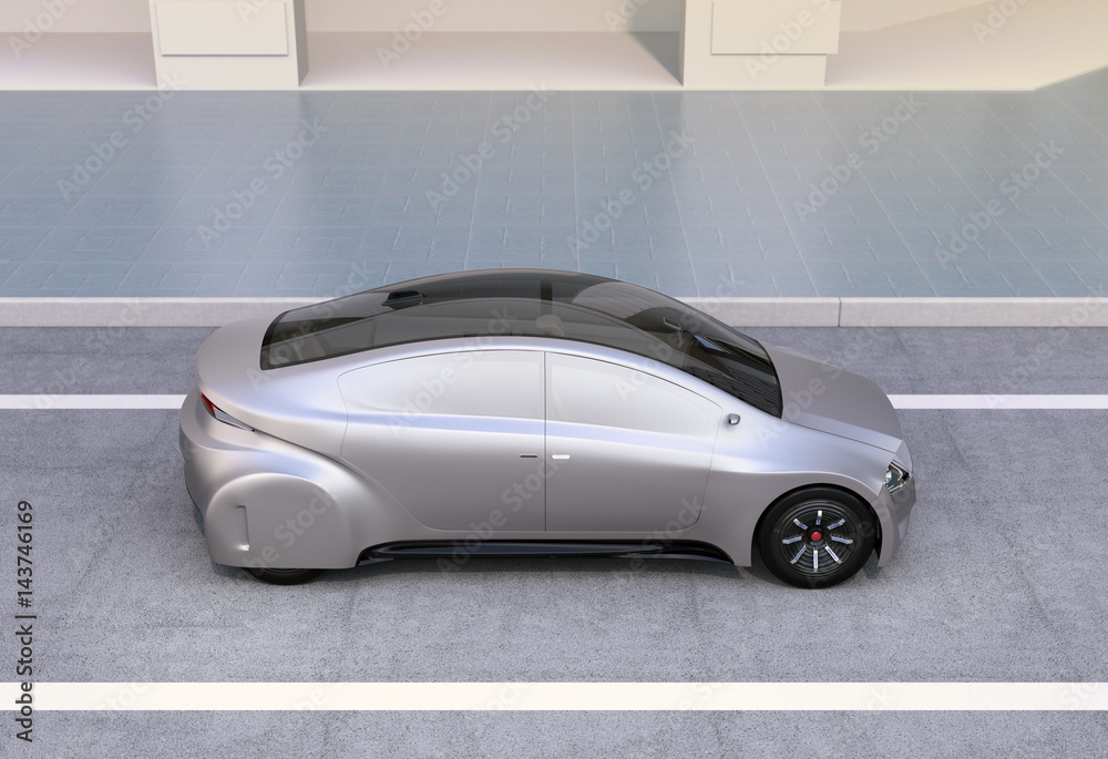 银色自动驾驶汽车在路上行驶。3D渲染图像。