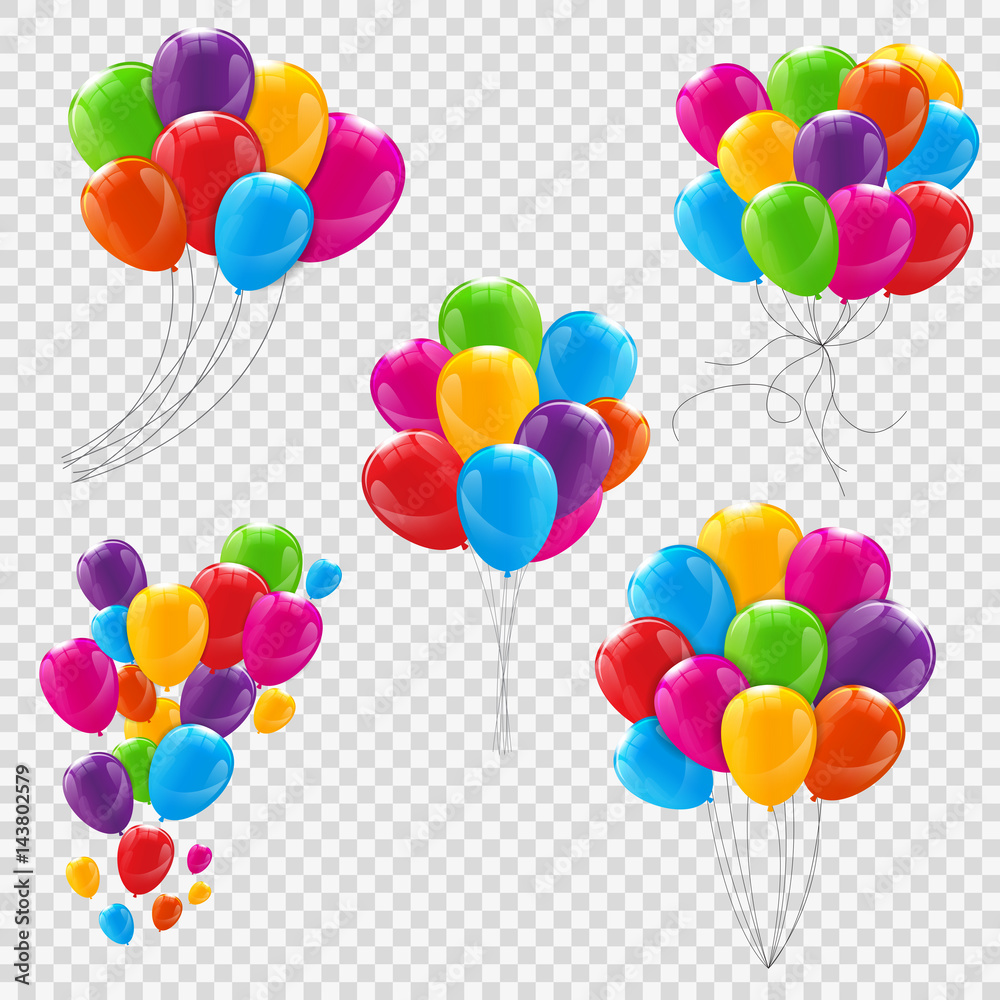 隔离的彩色光泽氦气球组、束和组