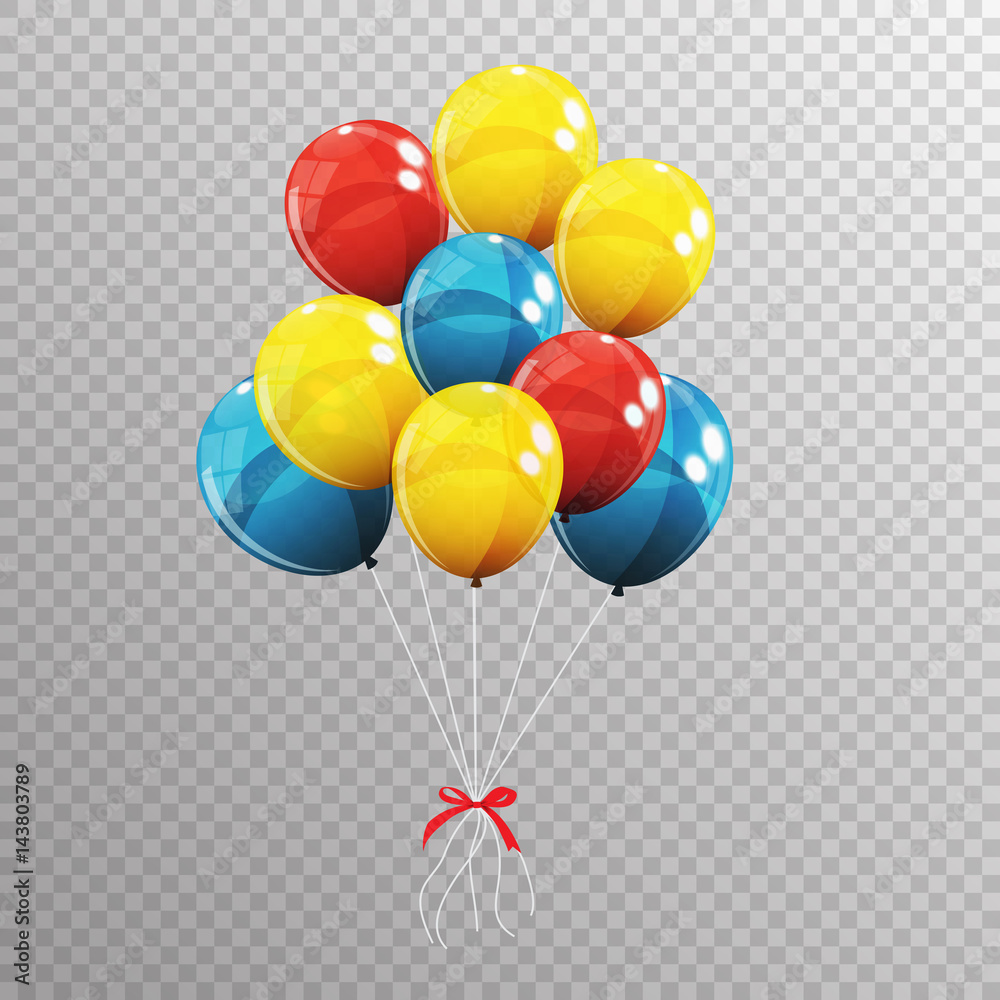 在透明B上隔离的一组彩色光泽氦气球