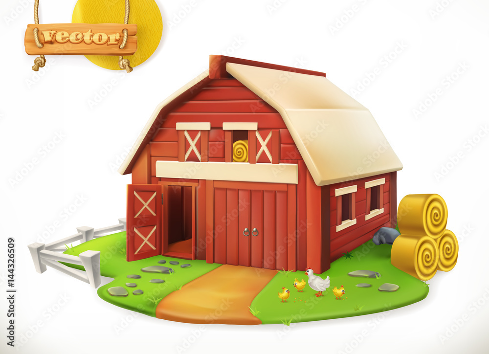 Farm. Red garden shed, 3d vector icon
