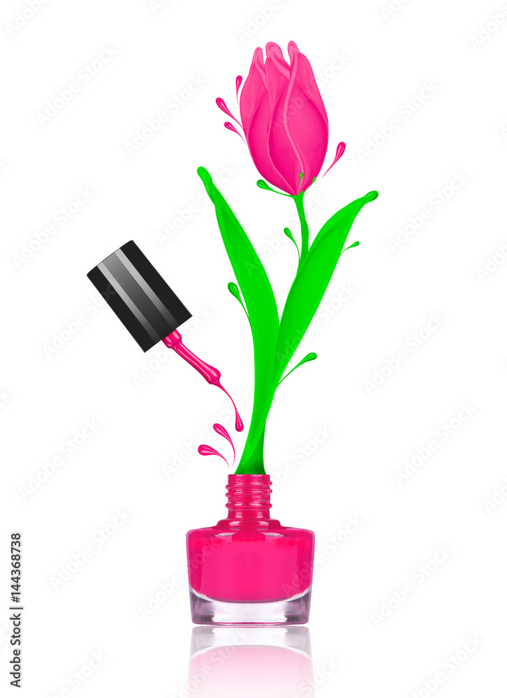 Stylized tulip flower made with splashes of nail polish, grows out of bottle.