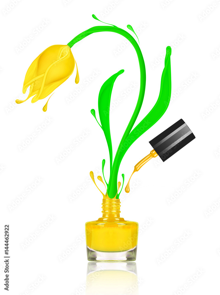 用黄色指甲油做成的造型郁金香花，从瓶子里长出来。