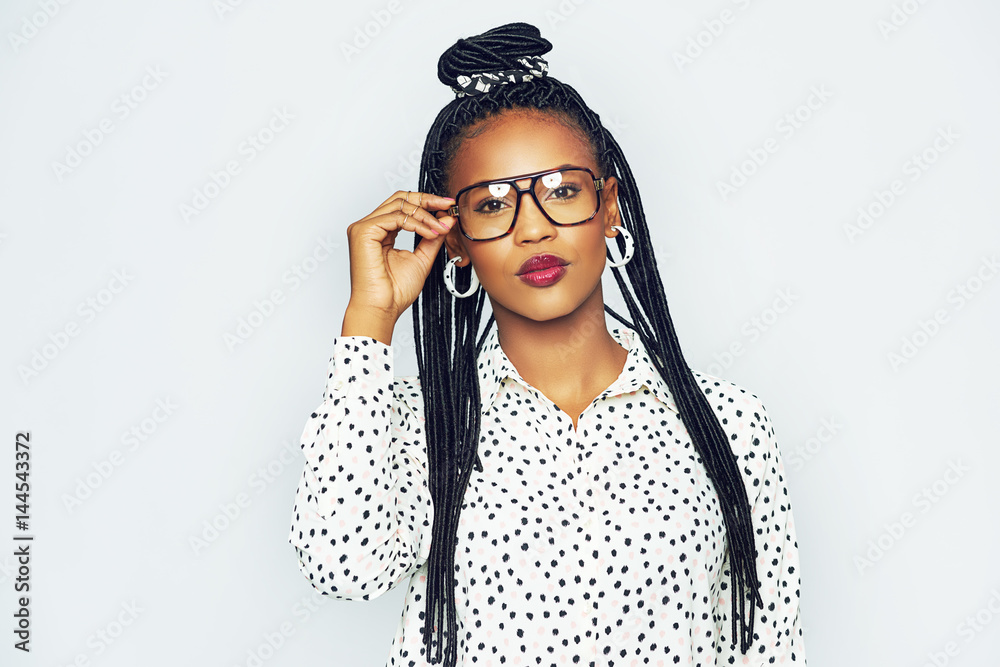 Fashionable black woman wearing glasses