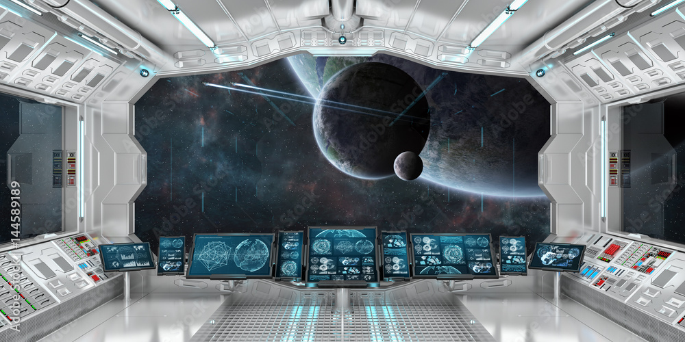 太空船内部，可看到遥远的行星系统，提供了该图像的3D渲染元素