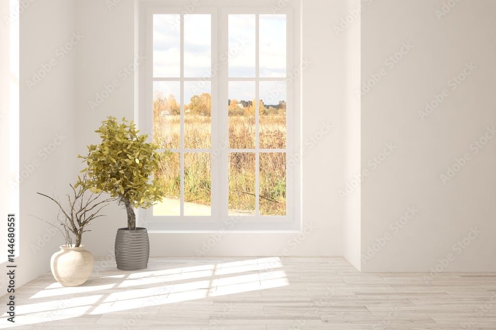 白色空房间，窗户里有秋天的风景。斯堪的纳维亚室内设计。3D插图