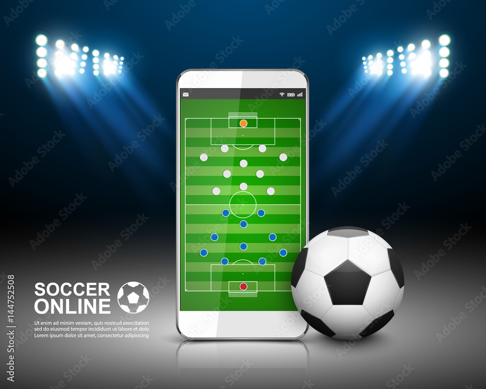 足球在线概念，智能手机上的足球场，矢量插图